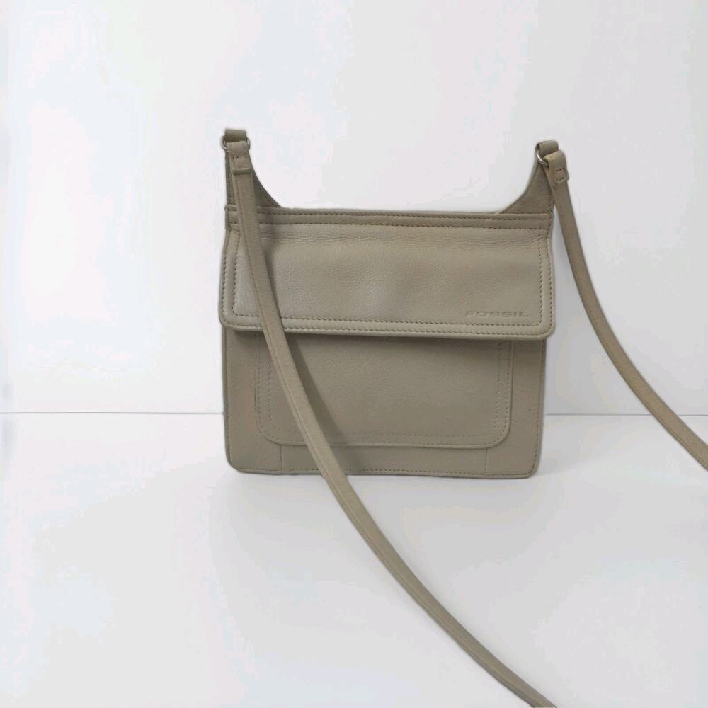 Fossil Tan Leather Crossbody Organizer Bag Neutral Minimalist Everyday Purse - Picture 2 of 13